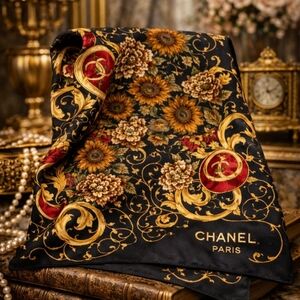 CHANEL Vintage Silk Hand Rolled Scarf Baroque Floral Gold Black 35 x 35